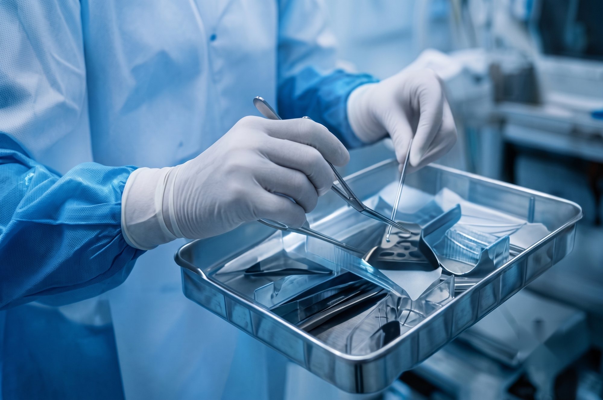 Instrumentais cirúrgicos sendo preparados para esterilização